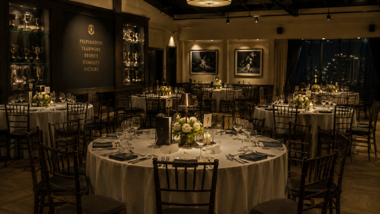 Empty banquet hall prepared for a football club’s end-of-season dinner, with round tables fully set under warm lighting, trophies displayed in the background, and no people present, creating a quiet atmosphere of absence, tension, and unresolved closure after defeat.